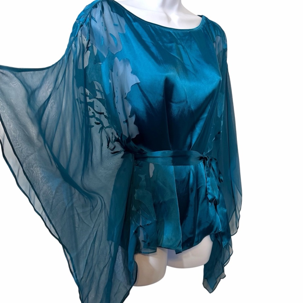 Vintage Cache Flutter Sleeves Teal Silk Blend Sheer Blouse with Tie Waist - Picture 3 of 11